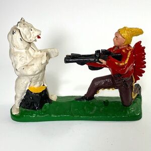 Vintage Cast Iron Mechanical Coin Bank- Indian Man Shooting White Bear